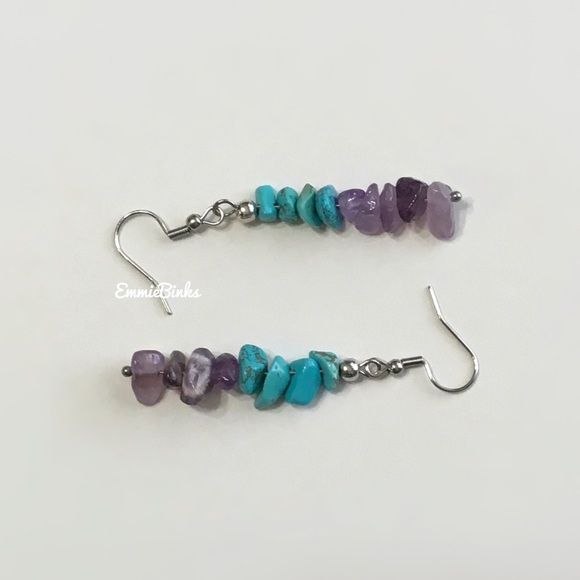 💥3for$28 New Genuine Amethyst and Turquoise Linear Drop Earrings /Gems Stones - Picture 9 of 15
